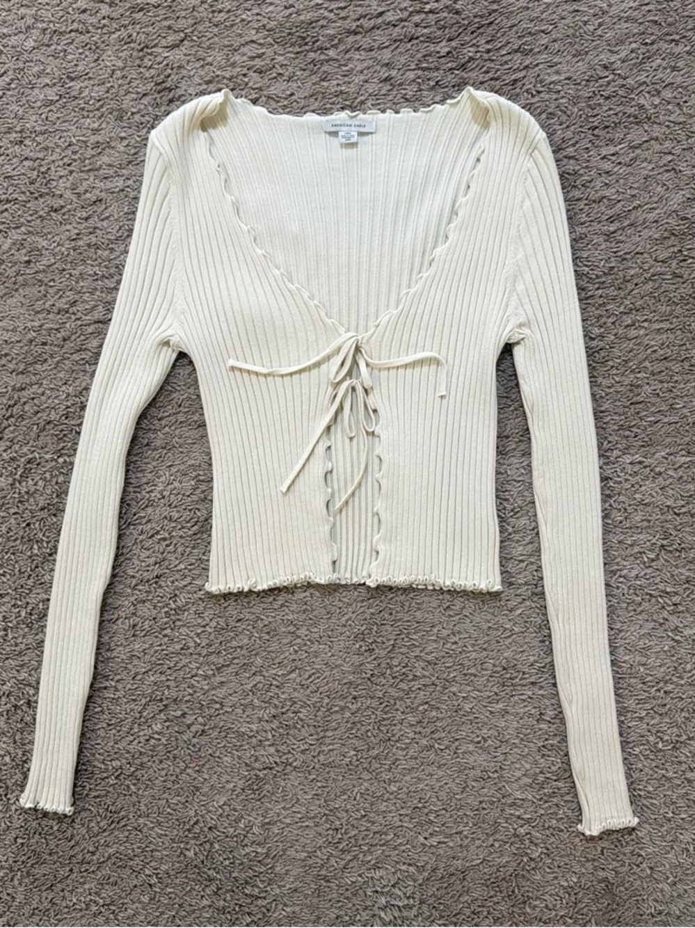 American Eagle Outfitters Cream Ribbed Tie-Front Long Sleeve Top